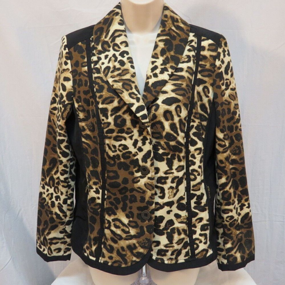 Chico's Animal Print‎ Jacket w Nice Metal Buttons Ivory Brown & Black  Size 1